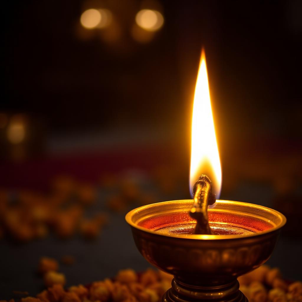 A traditional brass oil lamp burning with a steady golden flame